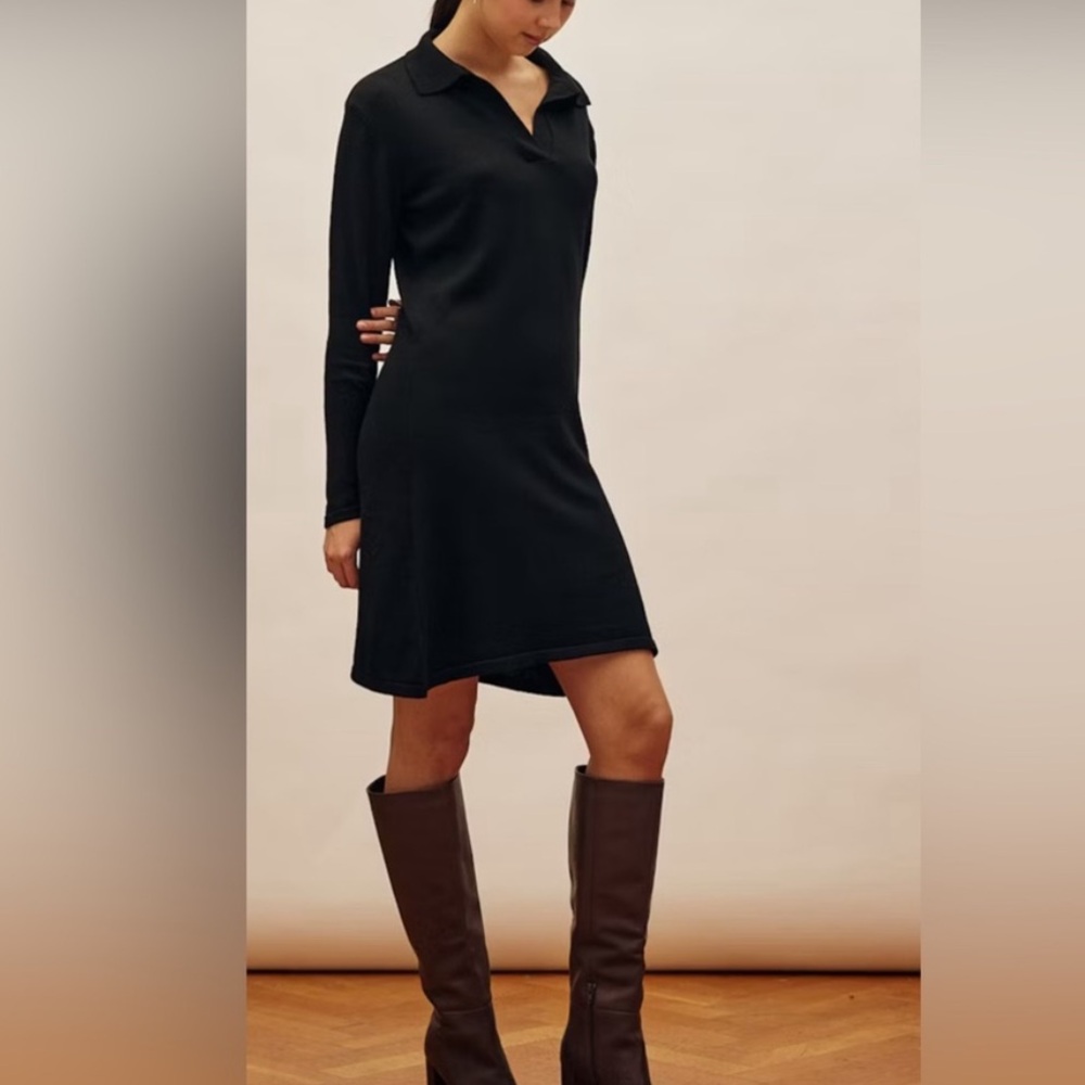 Djerf Avenue Getaway Dress Black Long Sleeve Collared Knit Mini Womens Size L